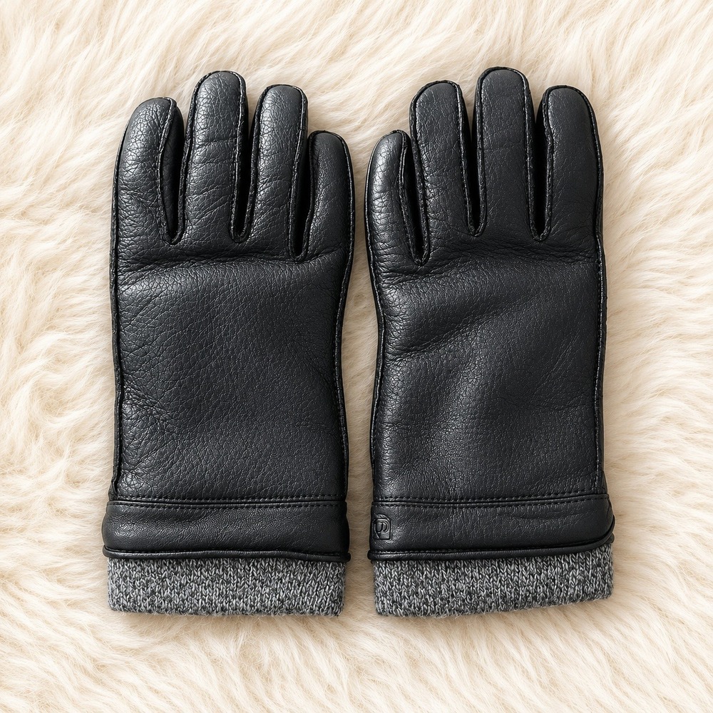 Fownes Brothers Mens Black Leather Gloves Wool Cuff Faux Fur Lined Winter‎ Large
